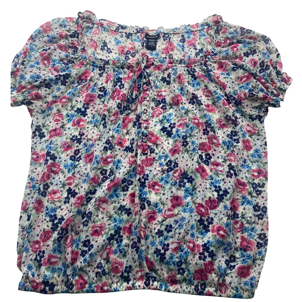 Torrid Floral Chiffon Peasant Blouse Pink Blue Short Sleeve Button Front Top 0